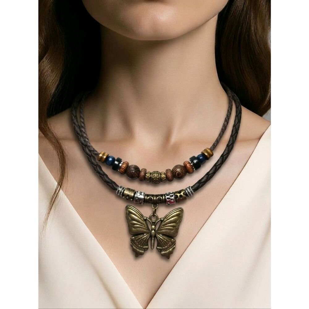 Boho Layered Butterfly Pendant Necklace Adjustable Braided Leather Cords Earthy
